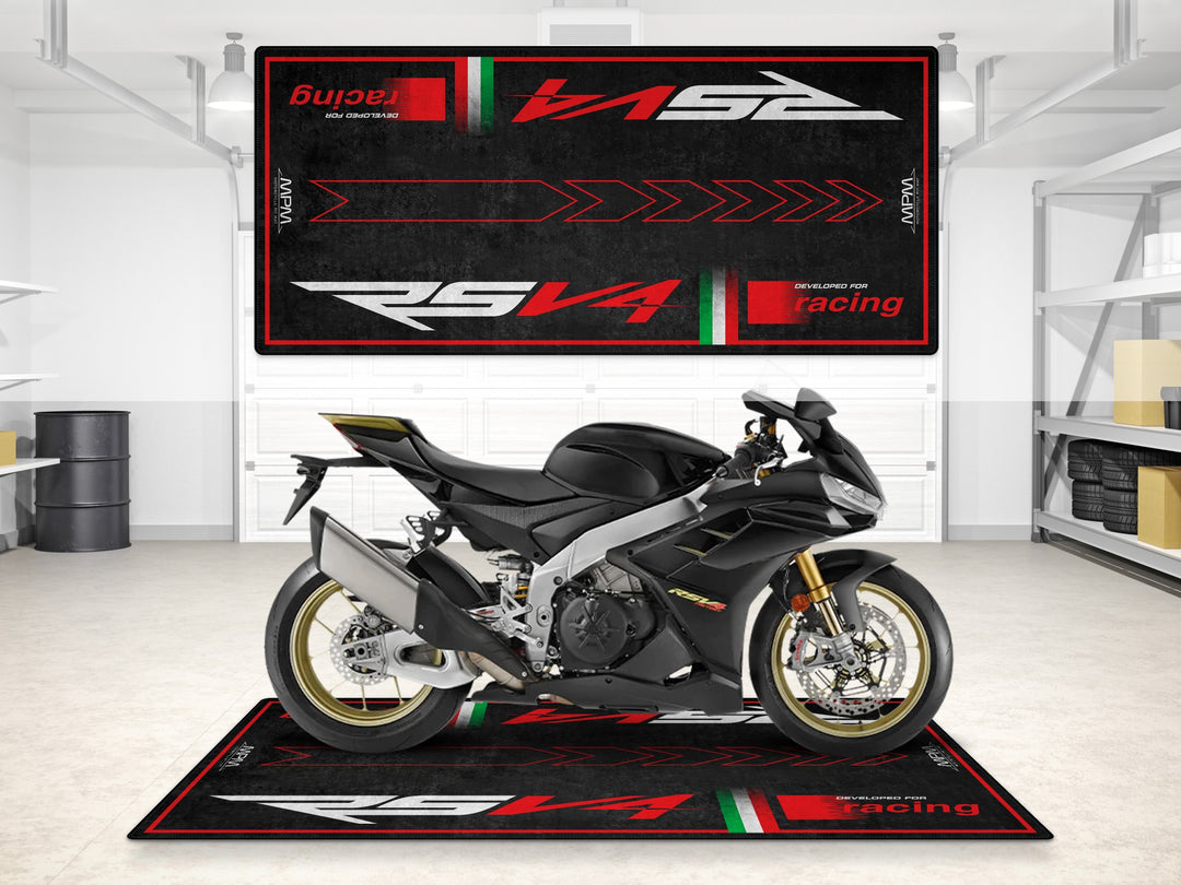 Garage and parking mat for Aprilia RSV4. Floor cover gift and motorcycle accessory designed for superbike riders who value performance and garage style.