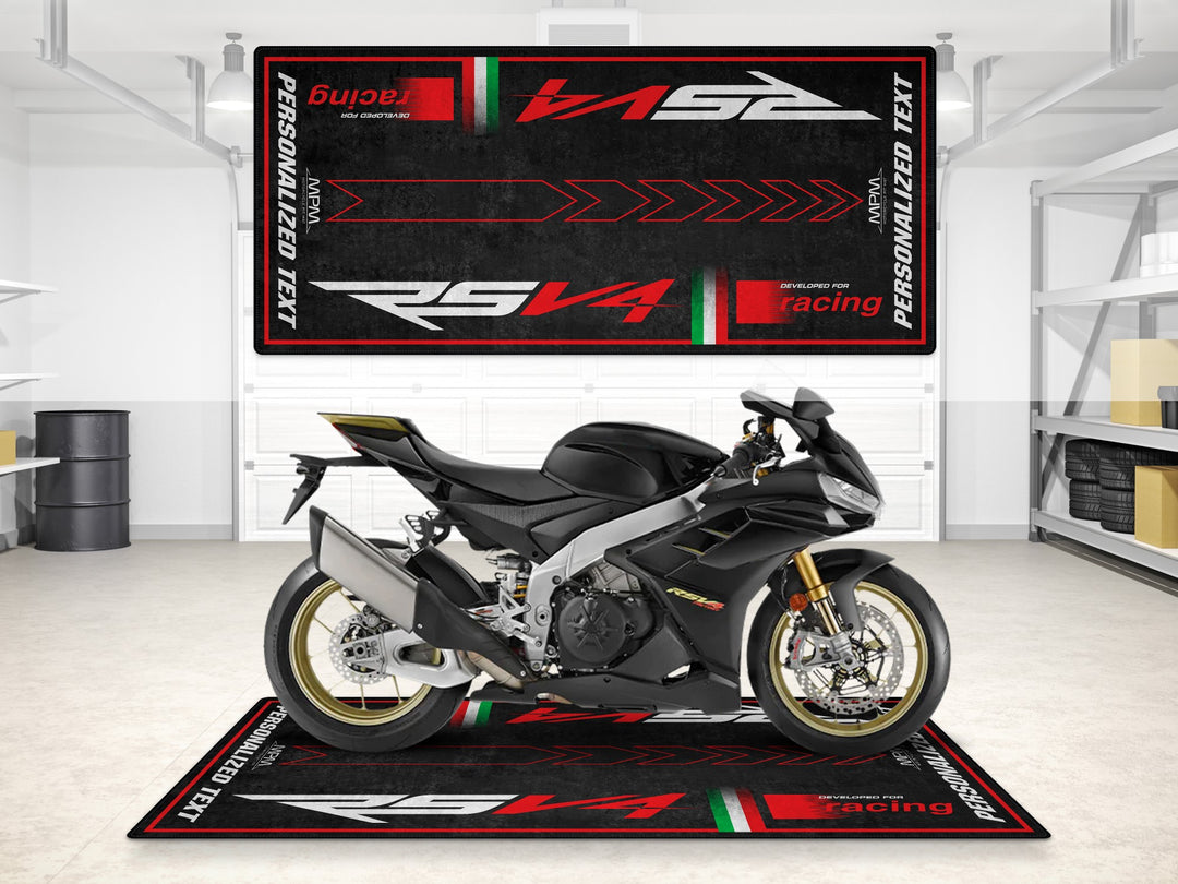 Personalized garage mat for Aprilia RSV4. Custom parts gift and floor cover designed to reflect your riding identity and garage presentation.