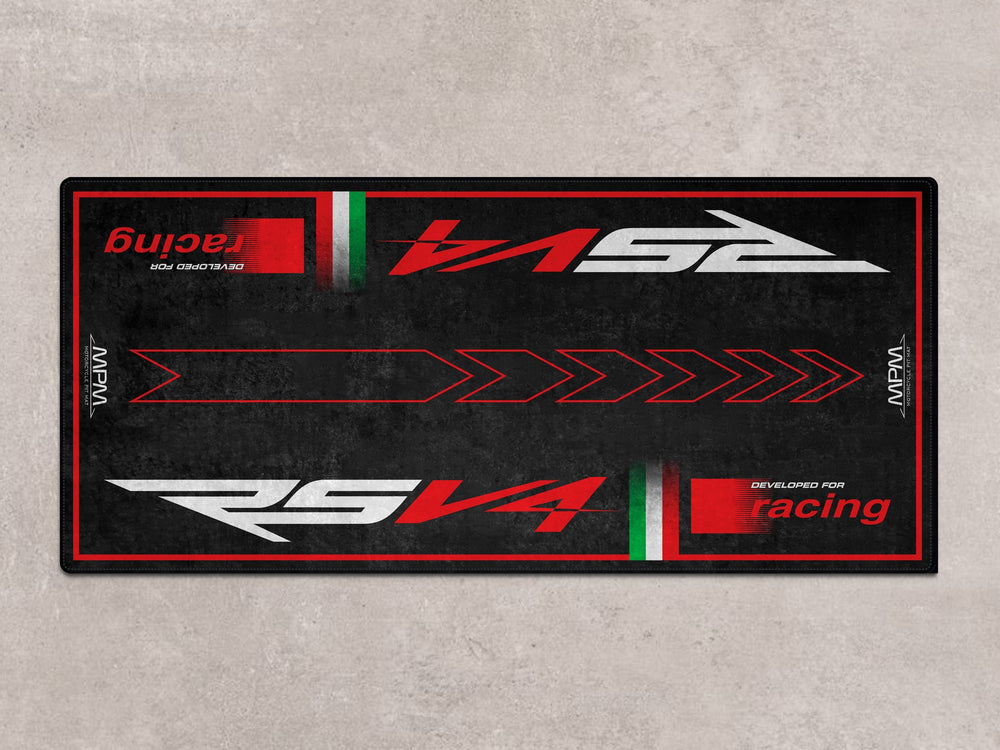 Aprilia RSV4 motorcycle rug. Heavy-duty garage carpet and parking pad made for superbike owners seeking parts protection and display-ready setups.