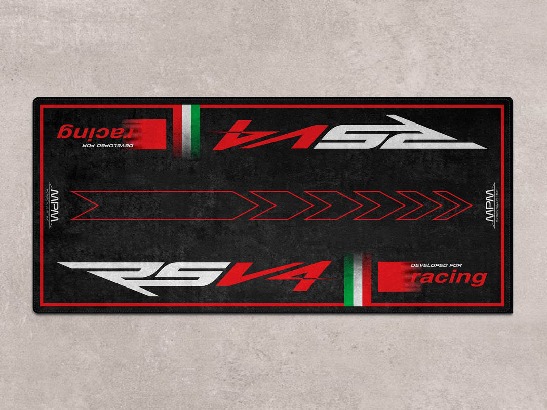 Aprilia RSV4 motorcycle rug. Heavy-duty garage carpet and parking pad made for superbike owners seeking parts protection and display-ready setups.