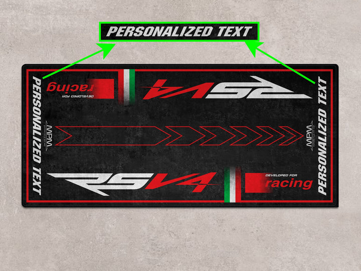 Custom motorcycle rug for Aprilia RSV4. Rider gift and garage carpet crafted for superbike fans seeking personalized parts mats and bold floor style.