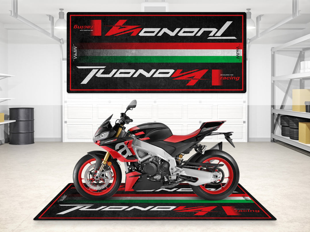 Garage and parking mat for Aprilia Tuono V4. Floor cover gift and motorcycle parts mat built for naked bike riders and premium garage setups.