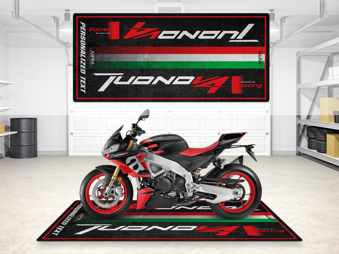 Personalized garage mat for Aprilia Tuono V4. Custom gift and floor cover made for riders who want their parts, style, and identity on display.