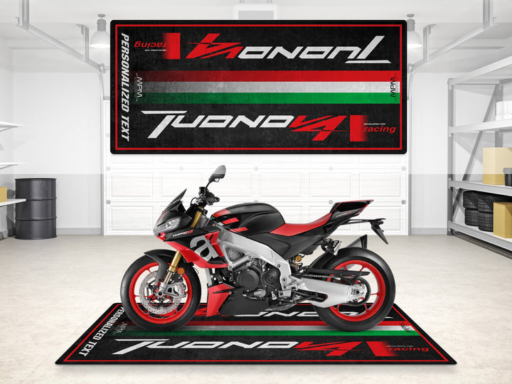 Personalized garage mat for Aprilia Tuono V4. Custom gift and floor cover made for riders who want their parts, style, and identity on display.