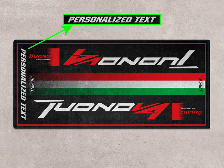 Custom motorcycle rug for Aprilia Tuono V4. Garage carpet and parking mat designed as a personalized gift and stylish floor accessory.