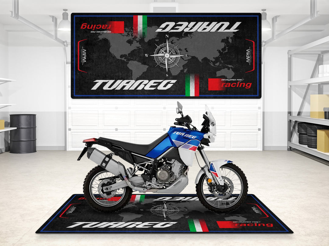 Aprilia Tuareg 660 garage parking mat. Durable and washable garage mat for dual-sport adventure riders looking for floor protection and style.