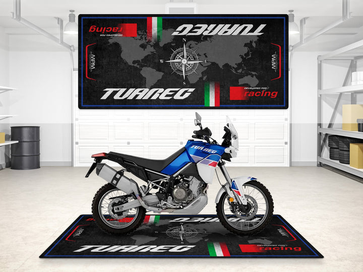 Aprilia Tuareg 660 garage parking mat. Durable and washable garage mat for dual-sport adventure riders looking for floor protection and style.