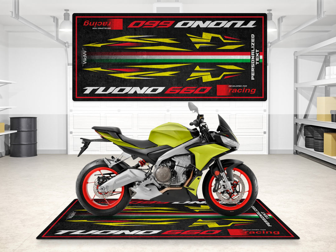 Personalized mat for Aprilia Tuono 660 Acid Gold. Custom garage carpet and floor gift for riders seeking unique motorcycle parts and identity.