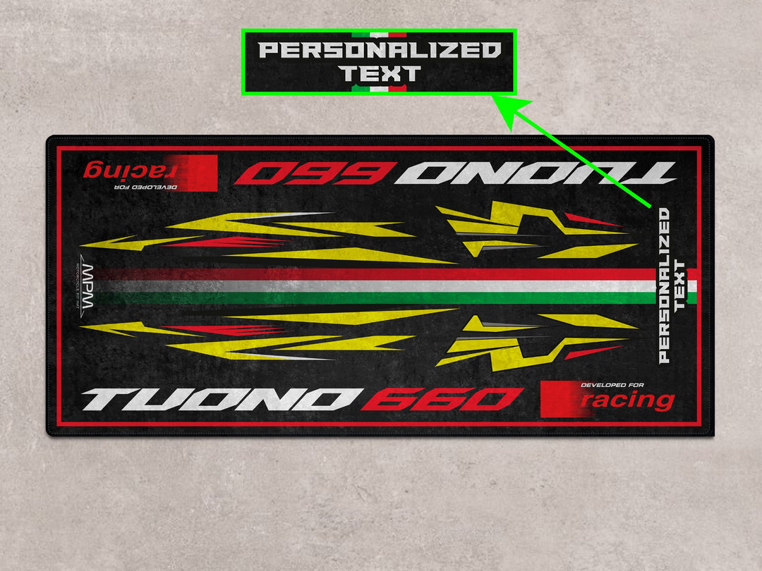Custom motorcycle rug for Aprilia Tuono 660 Acid Gold. Garage mat designed for bold riders, parts display, and personalized garage style.