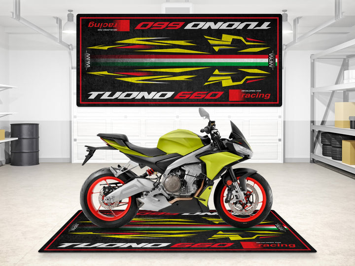 Garage and parking mat for Aprilia Tuono 660 Acid Gold. Floor cover gift and motorcycle mat for riders who value garage protection and design.