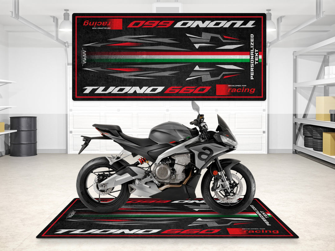 Custom mat for Aprilia Tuono 660 Rush Grey. Personalized garage accessory and parts gift for bikers. Floor rug for unique motorcycle style.
