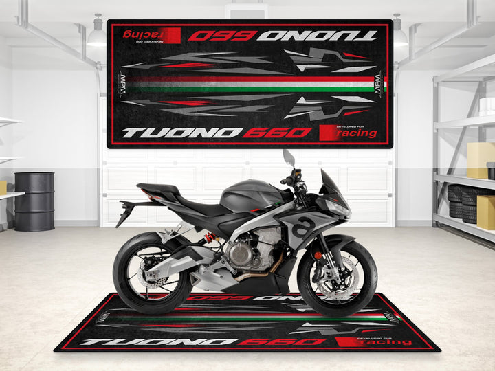 Aprilia Tuono 660 Rush Grey parking mat for riders who value bike gear and garage style. Protects floor while adding a sharp look to your motorcycle zone.
