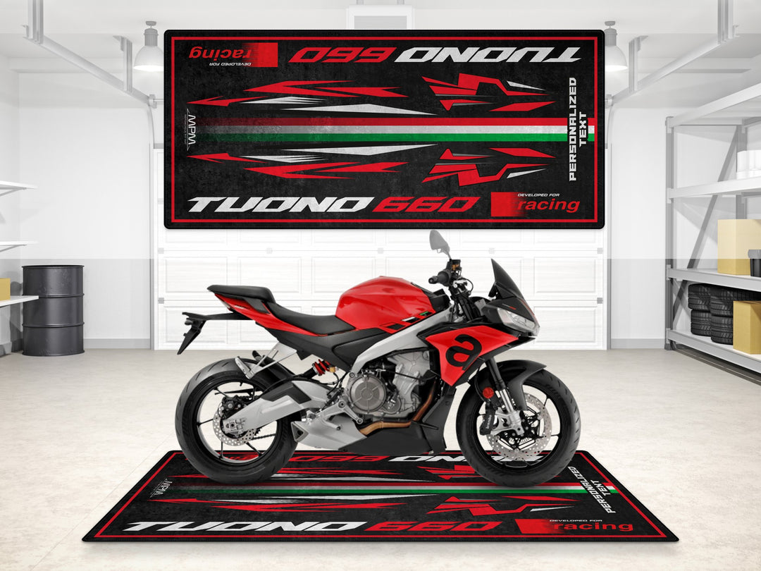 Personalized Aprilia Tuono 660 Torque Red rug – perfect gift and accessory for parts safety, racetrack prep, and indoor parking mat needs.
