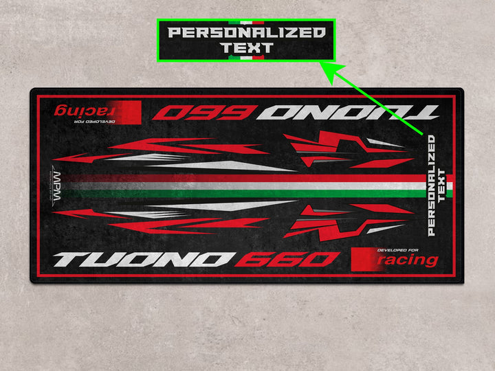 Bike zone-ready Tuono 660 Torque Red motorcycle mat with non-slip base – ideal for rider essentials, pit mat setups, and long-term garage mat coverage.