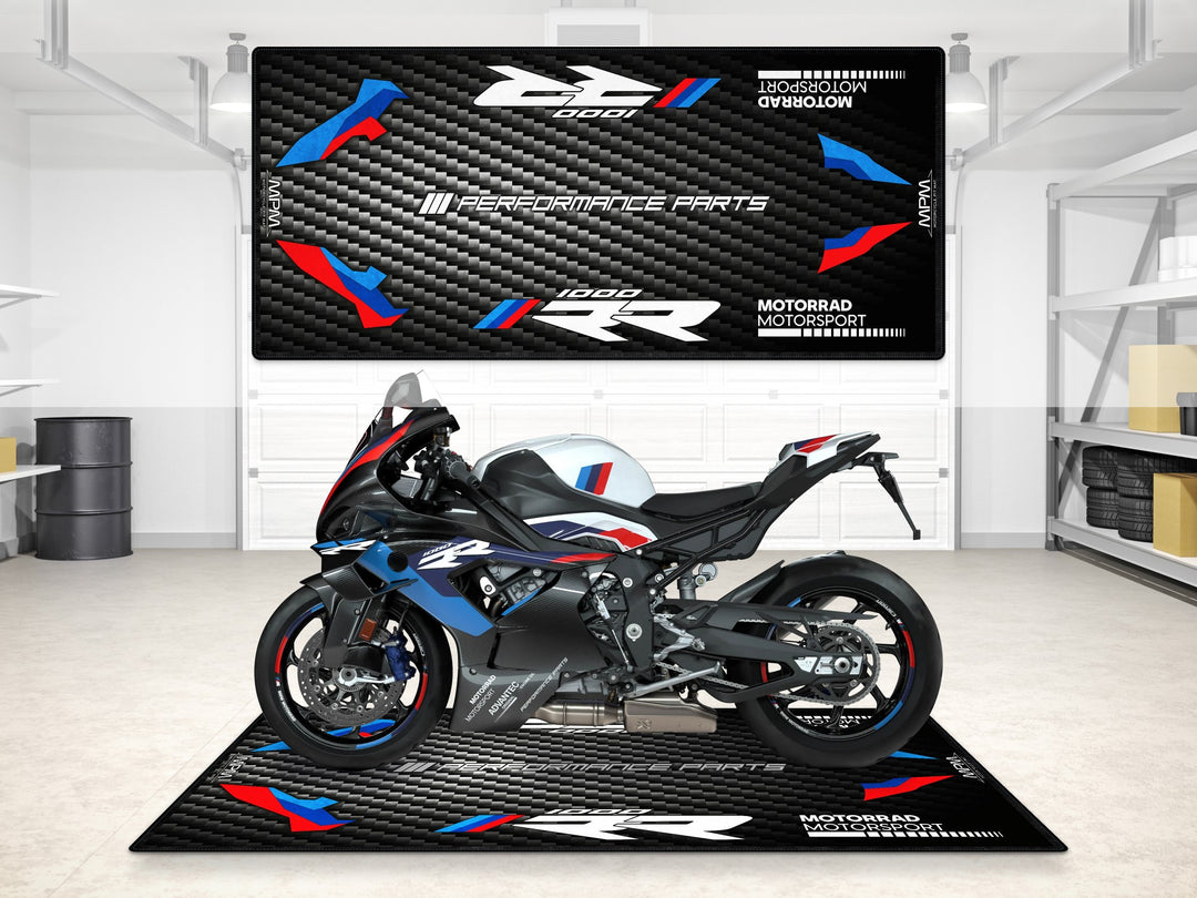 Garage and parking mat for BMW M1000RR. Designed for superbike owners seeking floor protection, parts organization, and garage style.