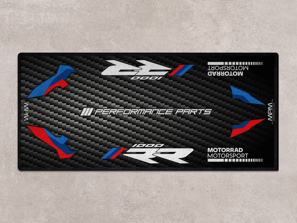 BMW M1000RR motorcycle mat. Premium floor cover and rug designed to protect, display, and upgrade your garage space for your performance bike.