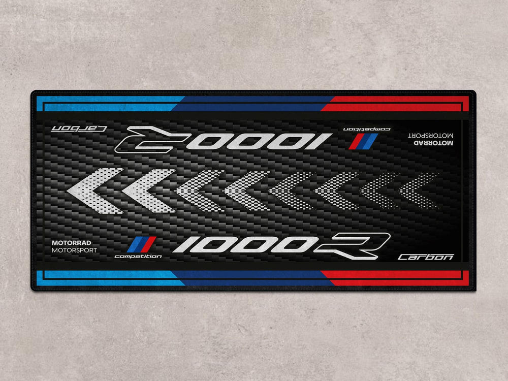 BMW M1000R Black Storm Metallic parking mat and rug. Ideal motorcycle gear for showroom displays, garages, or trackday paddocks.