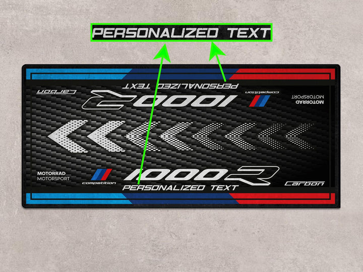 MPM Custom Works rug for BMW M1000R Black Storm Metallic. A garage mat and motorcycle parts accessory built for racers and track lovers.