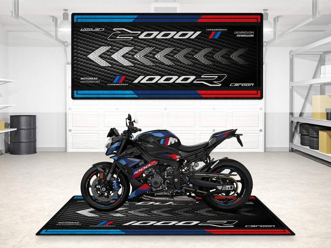 Garage mat for BMW M1000R Black Storm Metallic. Floor cover and pitmat designed to protect your space and highlight your performance bike.