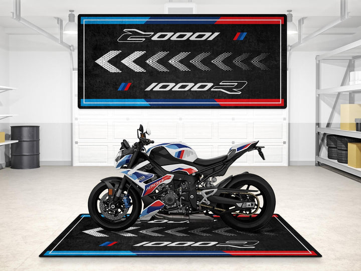BMW M1000R Light White M garage mat – premium parking mat and floor cover for showroom or superbike garage.