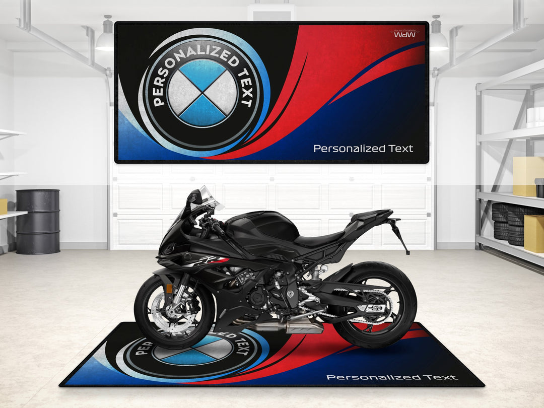 Personalized and custom mat for BMW racing motorcycles – perfect for dual sport setup, rider essentials, and parts presentation.