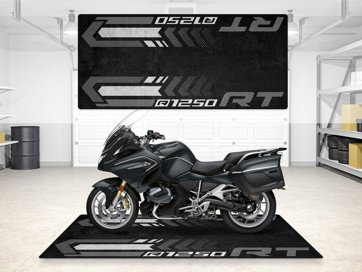 BMW R1250 RT Triple Black garage mat and pit mat. Floor cover for bike zone layouts, showroom aesthetics, and premium superbike garage use.