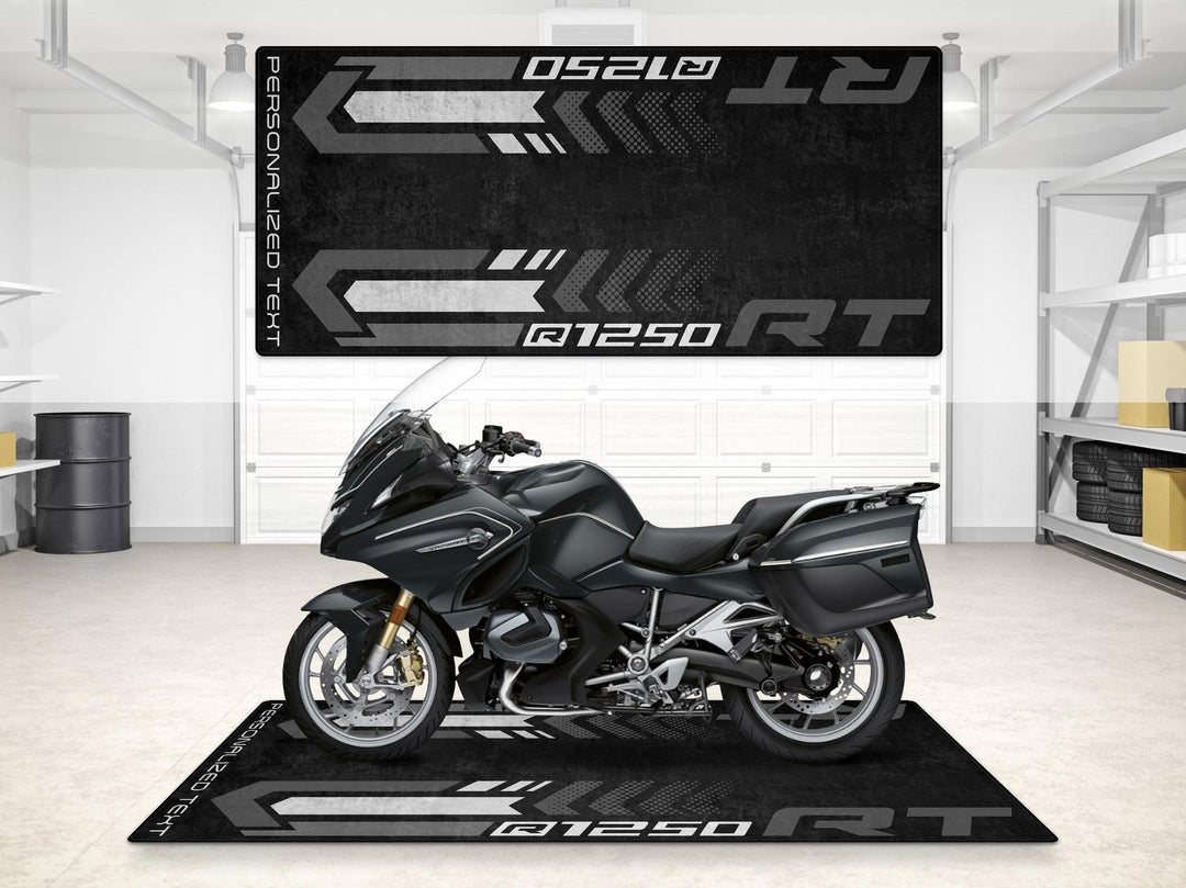 Personalized carpet mat for BMW R1250 RT. A refined motorcycle gift and rider essentials piece that complements your motorcycle gear layout.