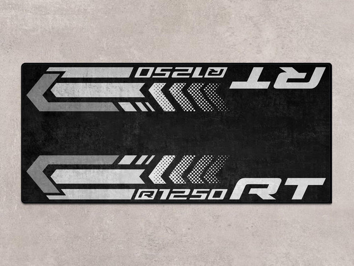 Parking mat and motorcycle rug for R1250 RT. A sleek garage accessory for racetrack styling and clean motorcycle display setups.