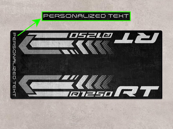 Custom pit rug for R1250 RT Triple Black. Designed for dual sport setup, track prep zones, parts layout, and full superbike garage styling.