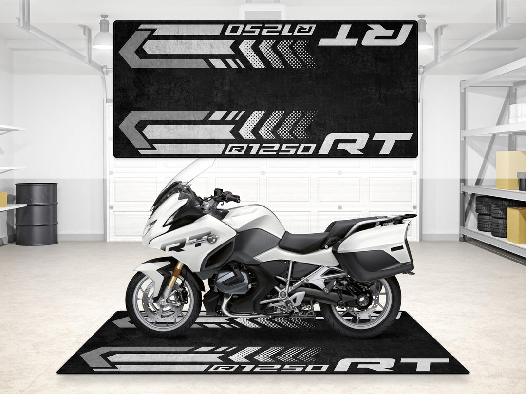 BMW R1250 RT Alpine White garage mat and pit mat. Floor cover built for bike zone organization and showroom-ready superbike garage appeal.