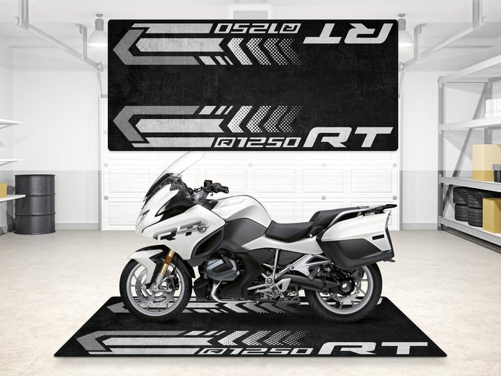 BMW R1250 RT Alpine White garage mat and pit mat. Floor cover built for bike zone organization and showroom-ready superbike garage appeal.