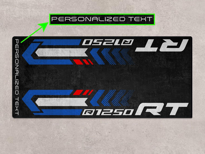 Custom pit rug for R1250 RT Sport. Built for parts layout, dual sport setup, track prep, and high-end superbike garage transformations.