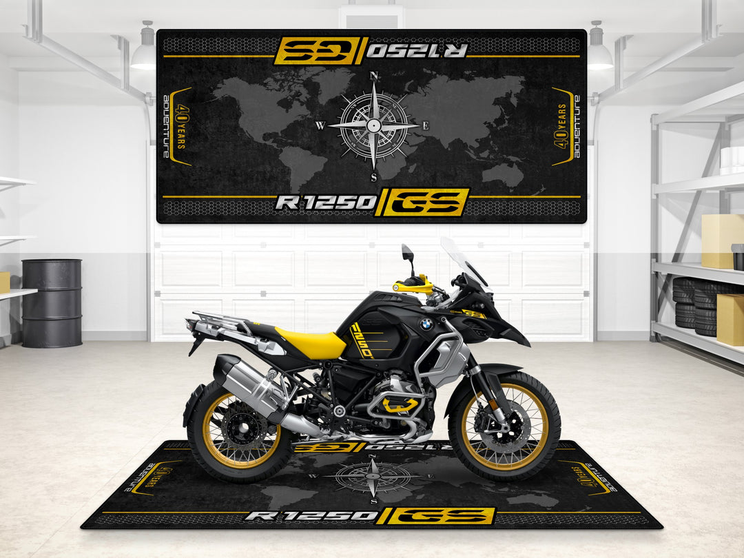 BMW R1250GS 40th Anniversary garage mat and pit mat. Floor cover for your bike zone and showroom-ready superbike garage presentation.