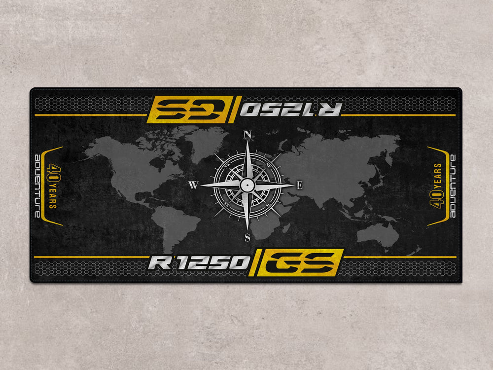 Parking mat and motorcycle rug for R1250GS 40th Edition. Premium garage accessory for racetrack styling and motorcycle display setups.