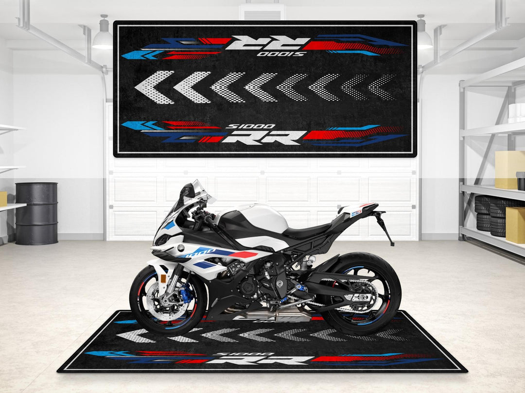 Garage and parking mat for BMW S1000RR Light White M. Designed to protect floors, store parts, and display your sportbike in premium style.