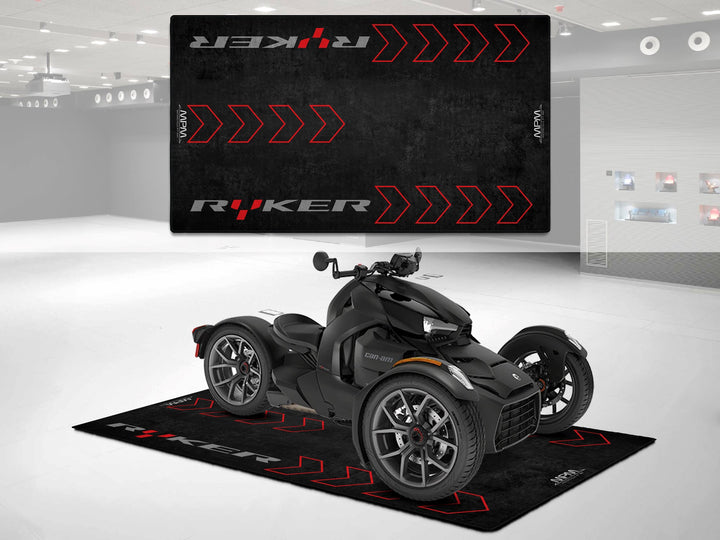 Can-Am Ryker garage mat and pit mat. Floor cover built for 3-wheeled bike zone setups, perfect for showroom and racetrack display.