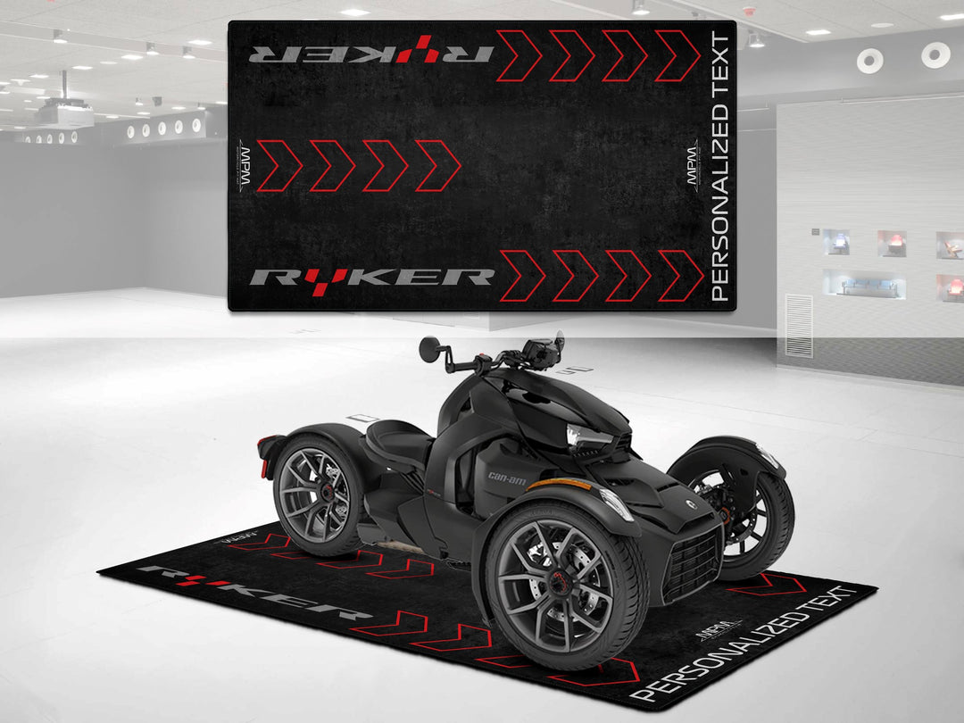 Personalized carpet mat for Can-Am Ryker. A custom motorcycle gift and rider essentials piece to fit your motorcycle gear layout.