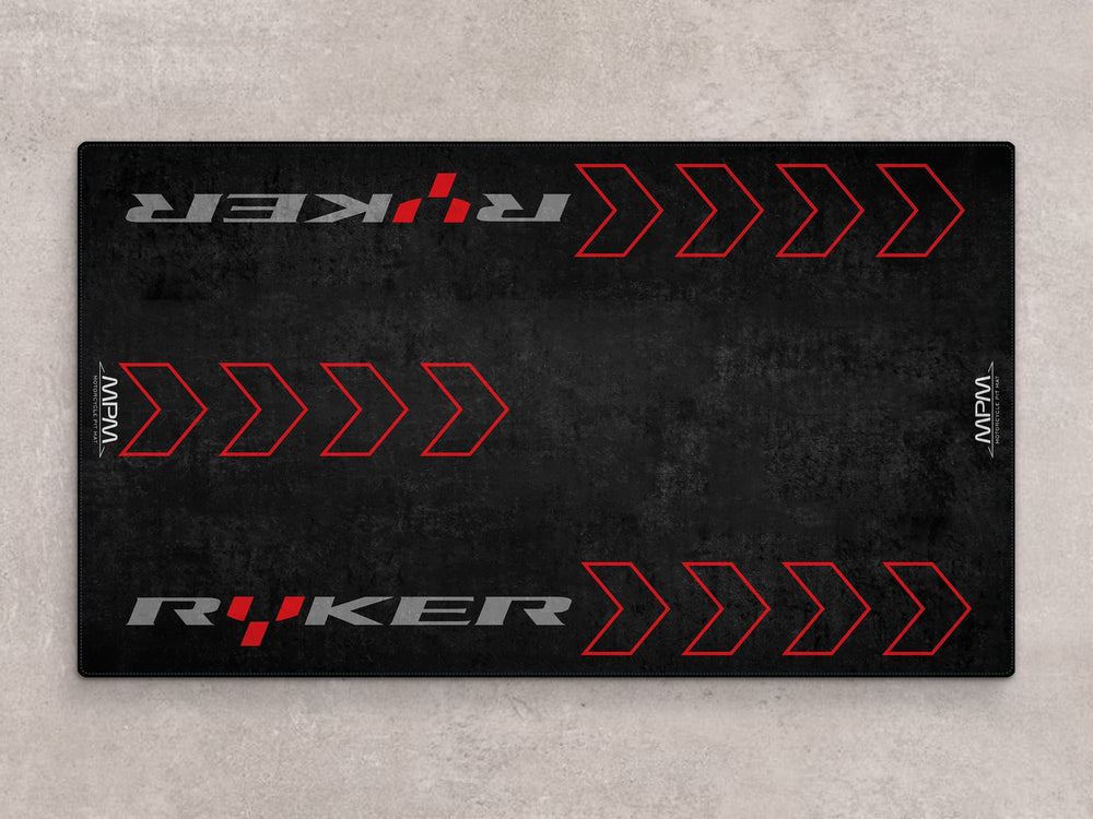 Parking mat and motorcycle rug for Can-Am Ryker. A bold garage accessory for track prep and standout motorcycle display styling.