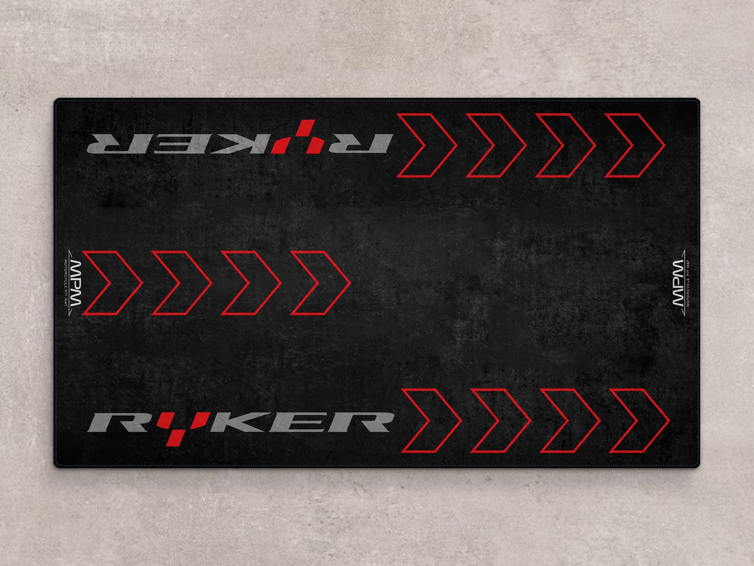 Parking mat and motorcycle rug for Can-Am Ryker. A bold garage accessory for track prep and standout motorcycle display styling.