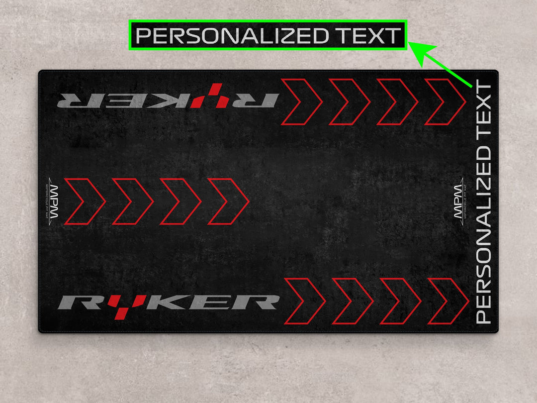 Custom pit rug for Can-Am Ryker. Ideal for parts organization, dual sport setup, and sleek superbike garage transformation.