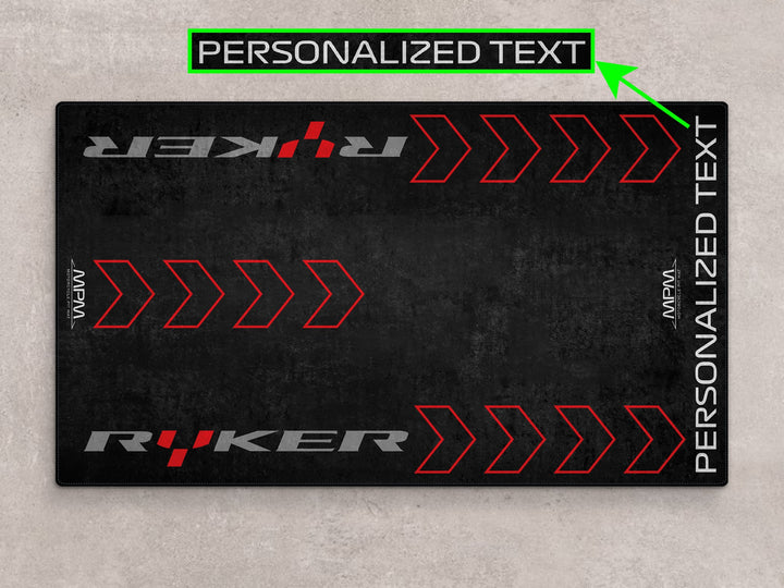 Custom pit rug for Can-Am Ryker. Ideal for parts organization, dual sport setup, and sleek superbike garage transformation.
