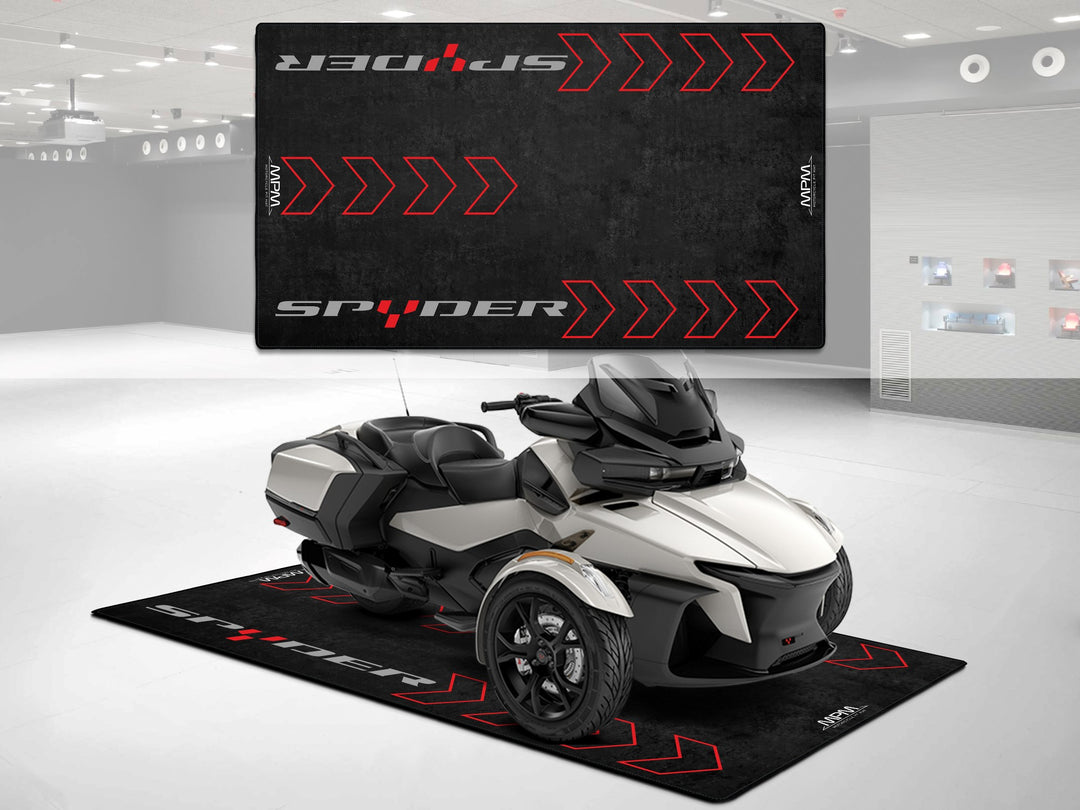 Can-Am Spyder garage mat and pit mat. Floor cover for wide 3-wheeled bike zone setups, perfect for showroom and racetrack display.