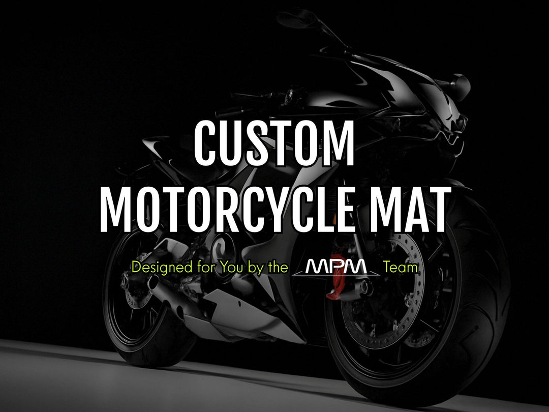 MPM Custom Works custom motorcycle mat. Personalized garage mat and parts-friendly floor cover for riders seeking style, protection, and unique setup.