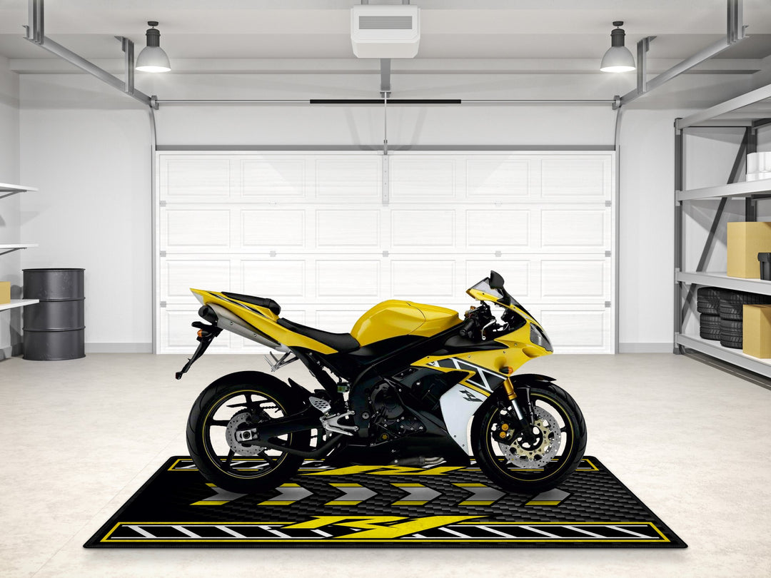Bold racing-inspired garage mat for Yamaha R1, perfect carpet for racetrack, pit mat use, or personalized showroom rug.