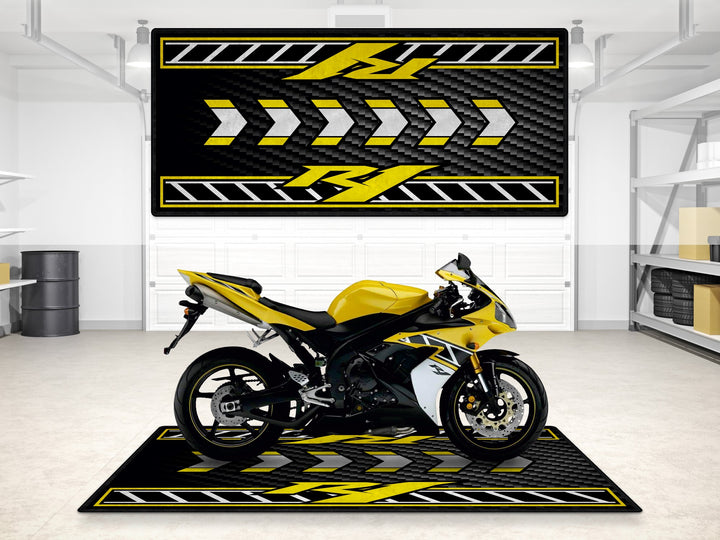 Yamaha R1 50th Anniversary Yellow on pit mat, ideal garage mat for motorcycle display, rug for track prep or showroom.