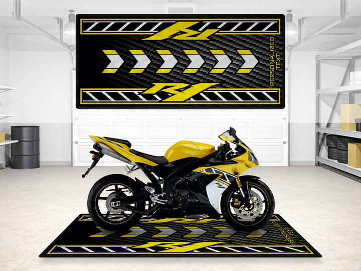 Custom pit rug for Yamaha R1 in iconic yellow, garage floor protection for rider essentials, motorcycle gear & parts.