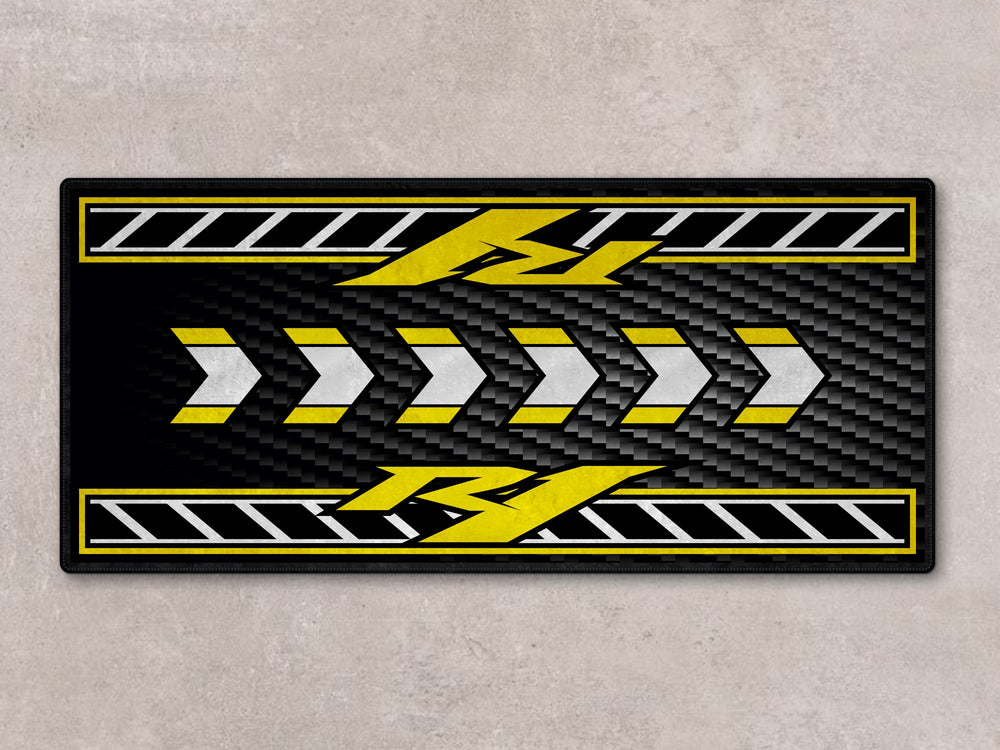 Carbon-style garage mat for R1 50th Anniversary, Thermoplastic Rubber floor cover for parking mat or bike zone decor.