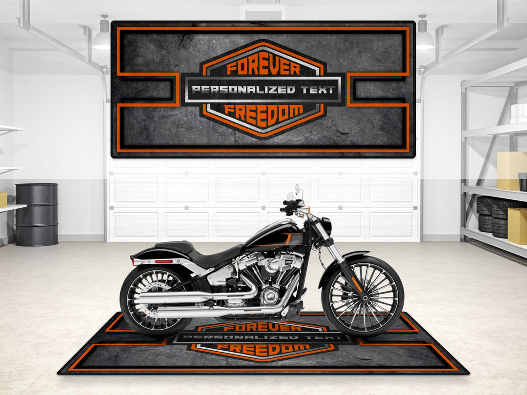 Victory American Chopper Black-Orange Personalized Garage mat, custom pit rug, bike zone floor cover, rider gear accessory.