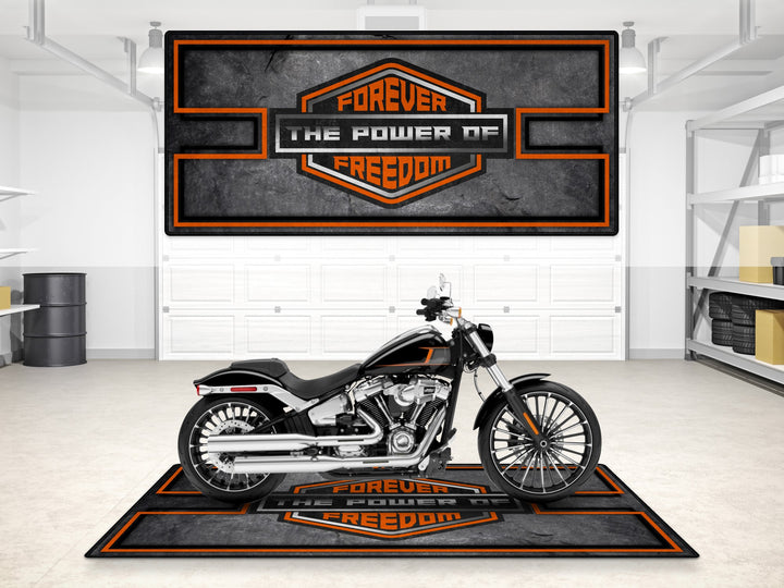 Harley Davidson Chopper Black-Orange Motorcycle Garage mat, parking mat, pit mat, showroom rug, garage floor protection.