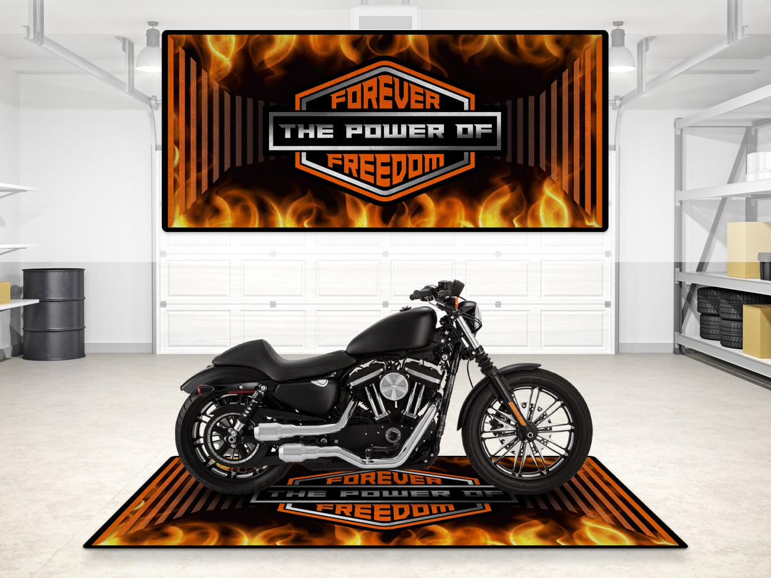 Harley Davidson Chopper Black Flame Motorcycle Garage mat, parking mat, pit mat, showroom rug, garage floor protection.